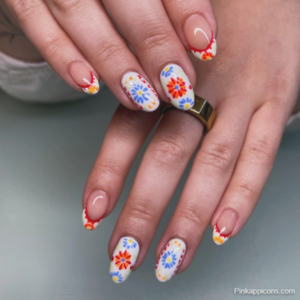 Cute Floral French Tip Nail Designs Colorful Flower Nail Art
