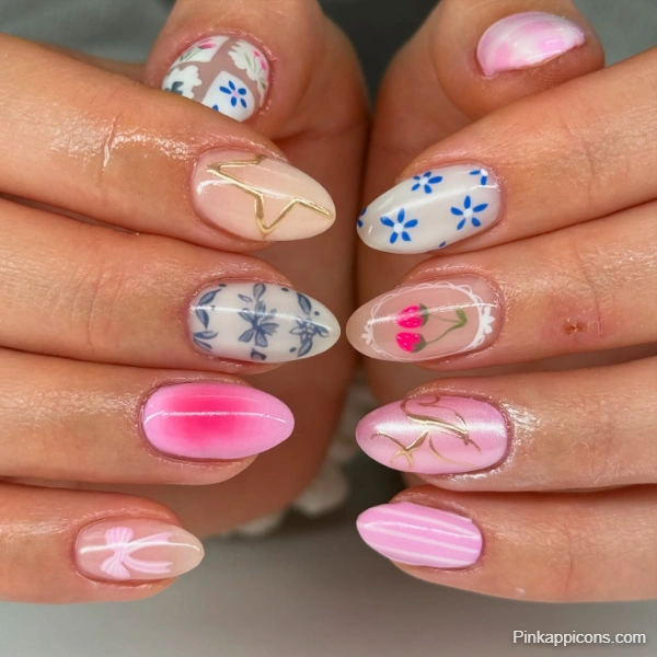 Cute Mixed Design Nail Art Floral, Cherry, Stripe, and Abstract Nails