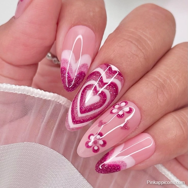 Cute Pink Heart Glitter French Tip Nail Designs