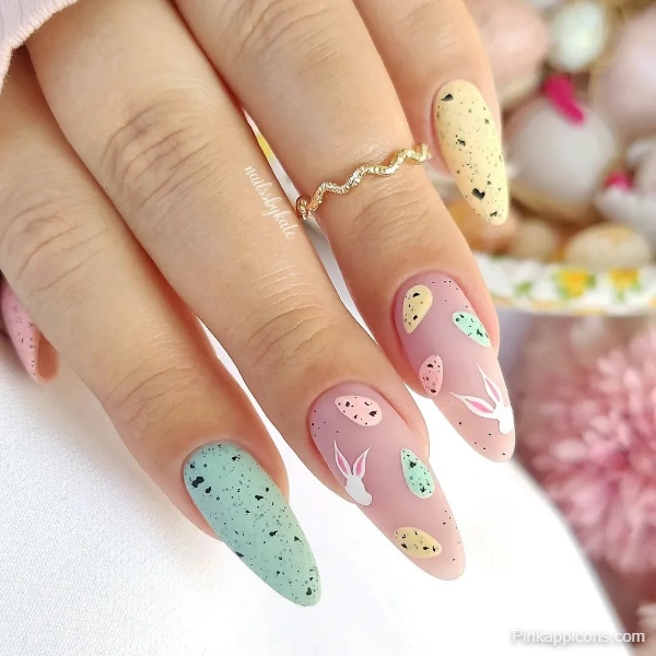 Cute Speckled Easter Egg Nail Designs with Bunny Accents