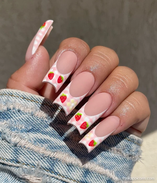 Cute Strawberry Shortcake White French Tip Nails with Gingham