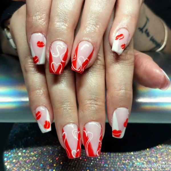 Cute Valentine’s Day Kiss Nail Designs Red and White Lip Art