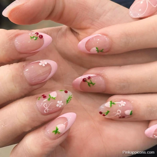Delicate Cute Pink Nails with White Flowers and Red Berries