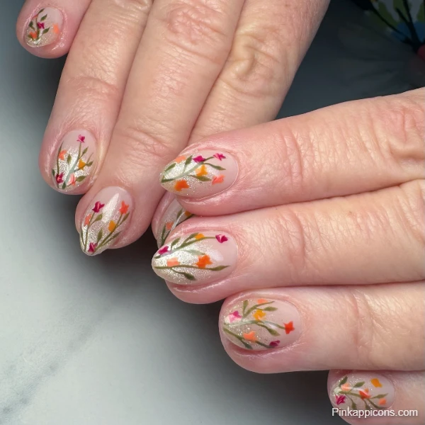 Delicate Fall Nails Sheer Base with Painted Autumn Leaves and Flowers