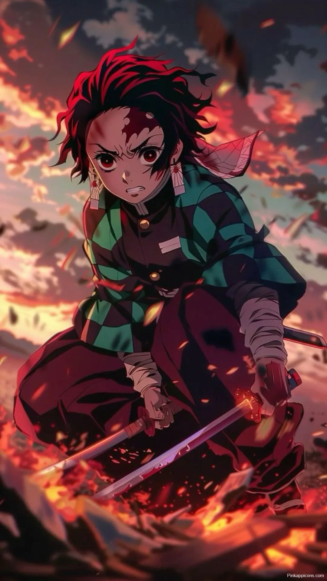 Demon Slayer Wallpaper Fierce Tanjiro Wielding Two Swords