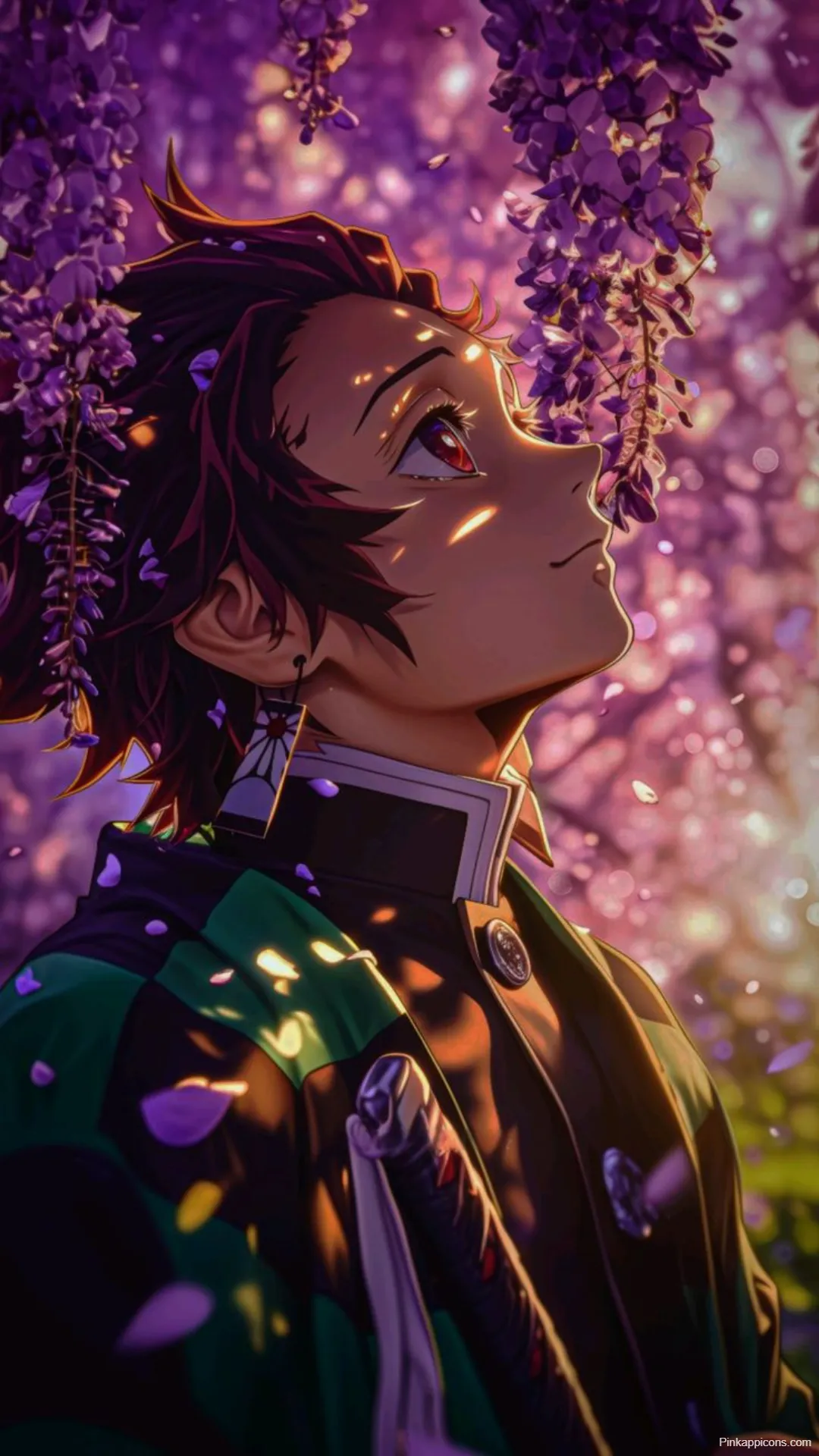 Demon Slayer Wallpaper Tanjiro Looking at Blooming Wisteria