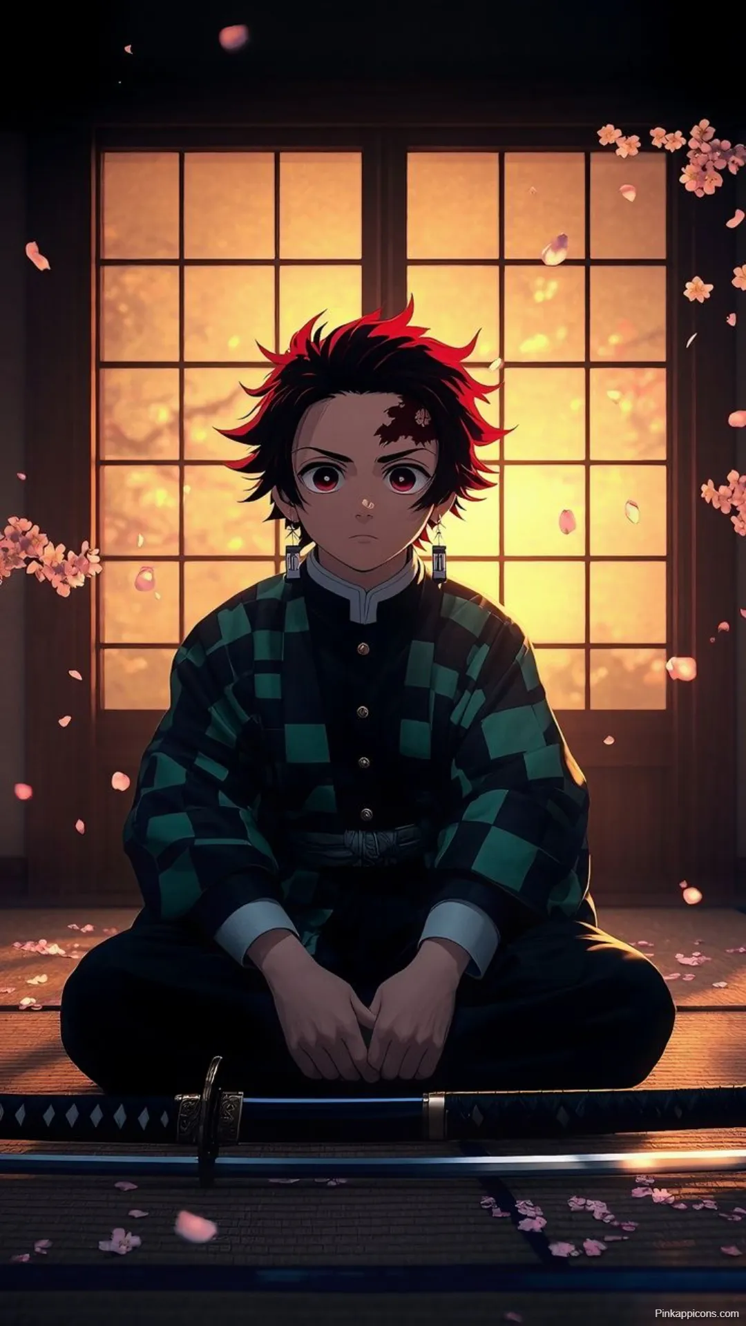 Demon Slayer Wallpaper Tanjiro Sitting in Cherry Blossom Light