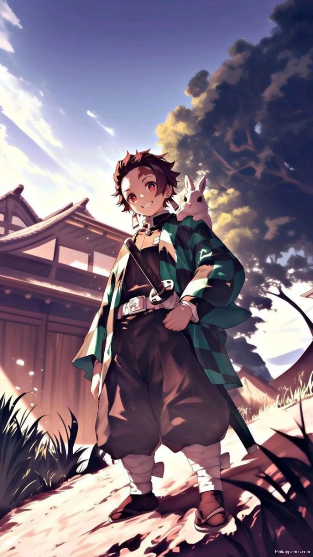 Demon Slayer Wallpaper Tanjiro Walking with a Cute Rabbit
