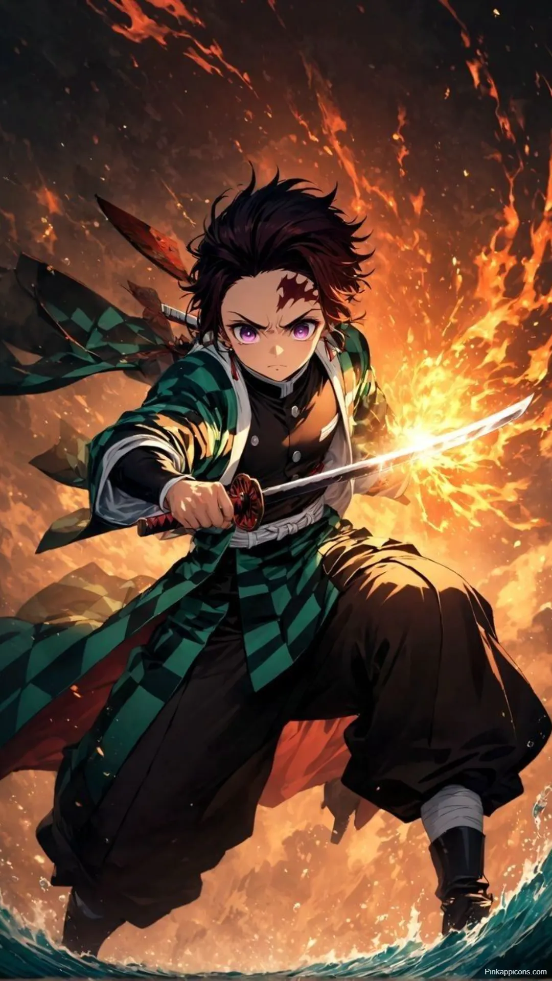 Demon Slayer Wallpaper Tanjiro in Battle with Fire and Water