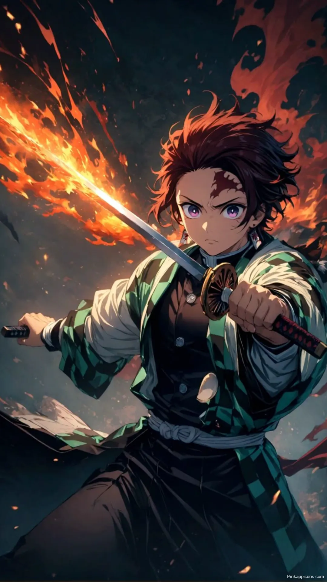 Demon Slayer Wallpaper Tanjiro in Battle with Flames and Smoke