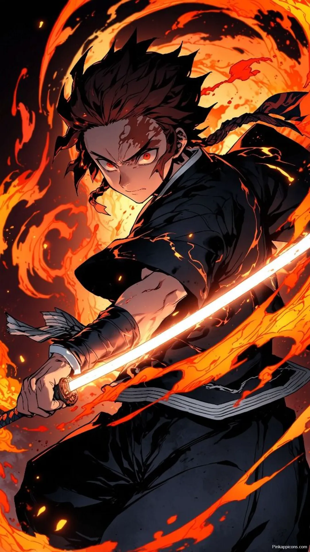 Demon Slayer Wallpaper Tanjiro in Flames with Bright Sword