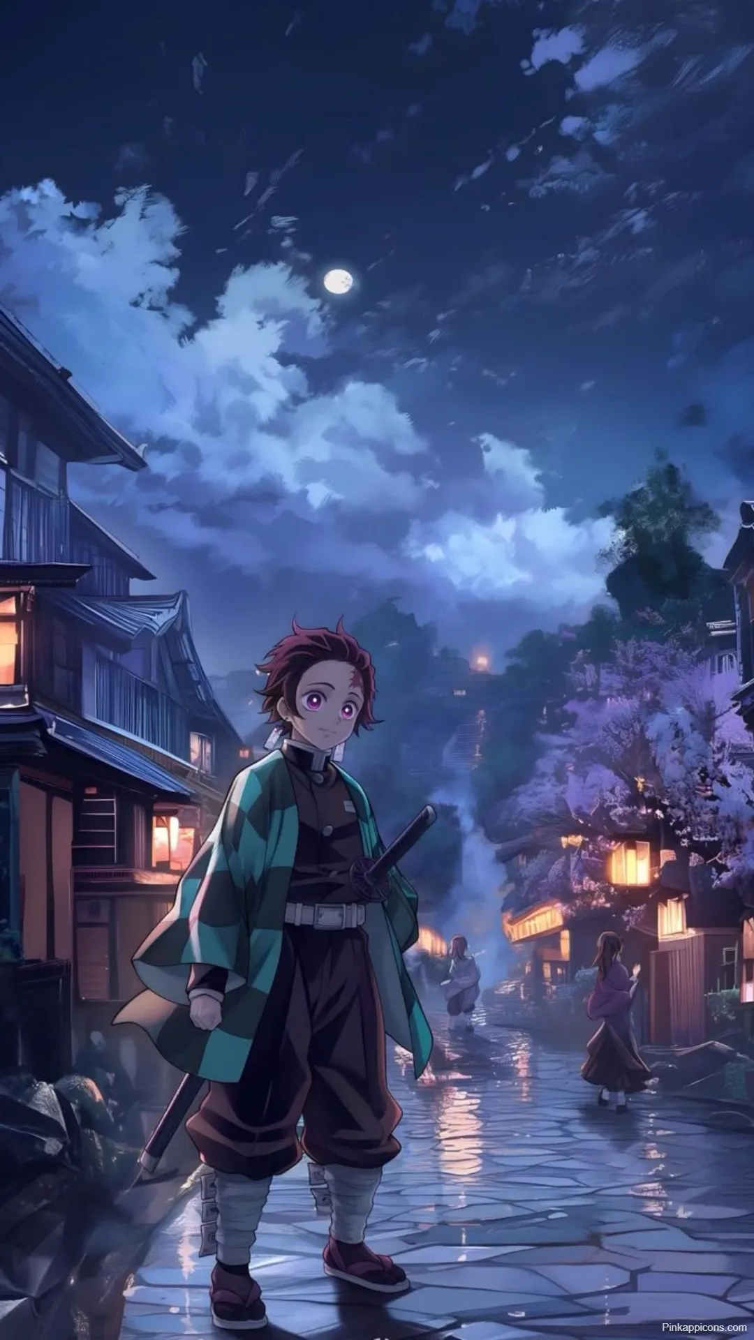 Demon Slayer Wallpaper Tanjiro in Moonlit Japanese Town