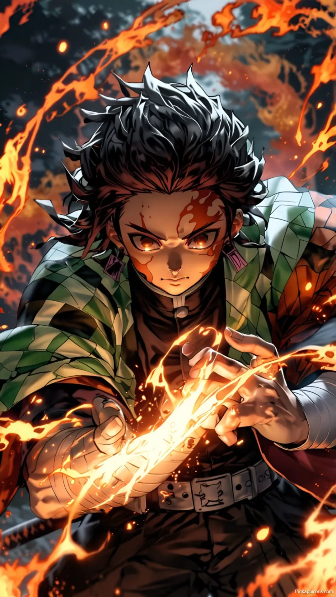 Demon Slayer Wallpaper Tanjiro with Glowing Eyes in Flames