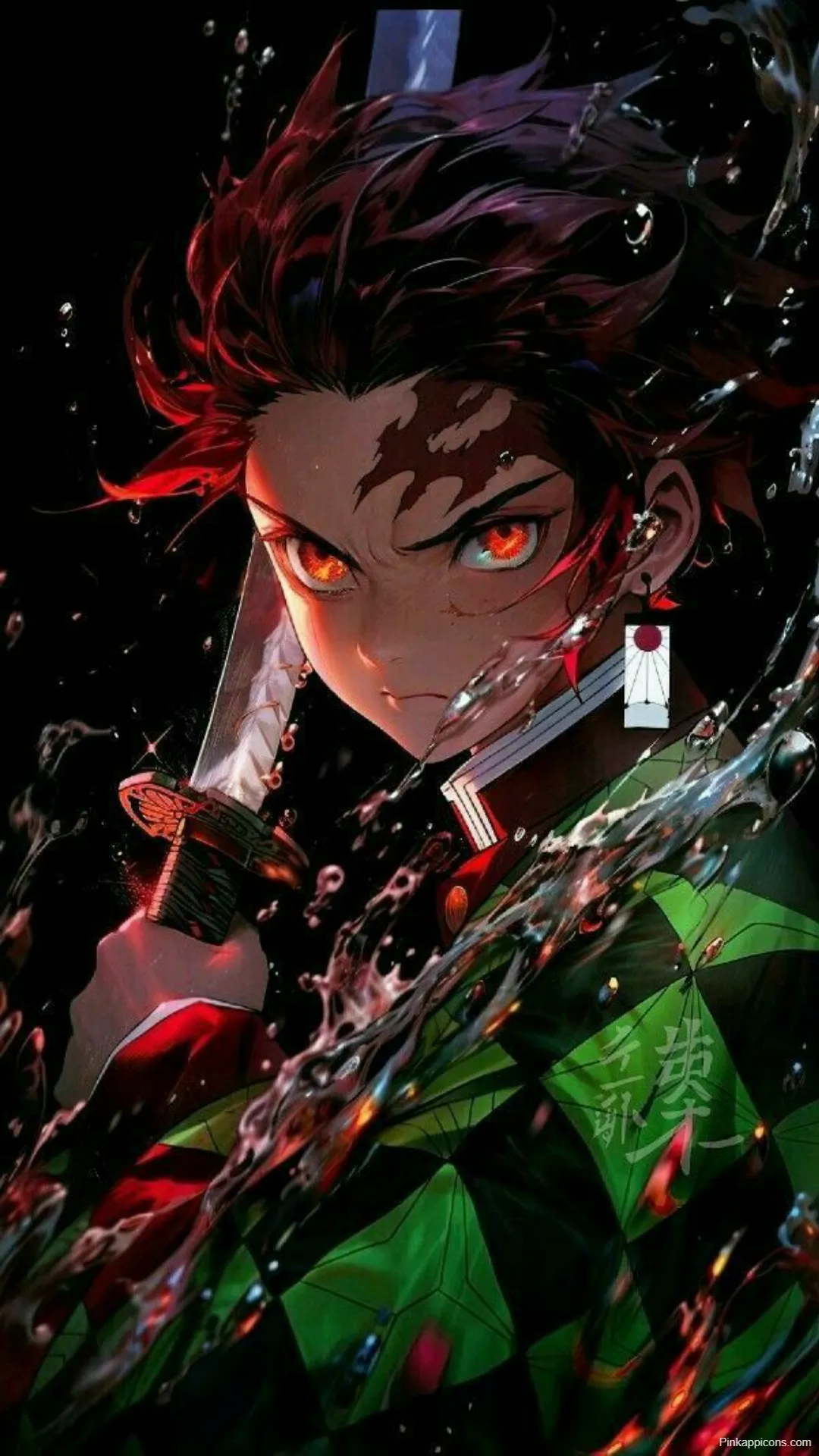 Demon Slayer Wallpaper Tanjiro with Glowing Red Eyes in Battle