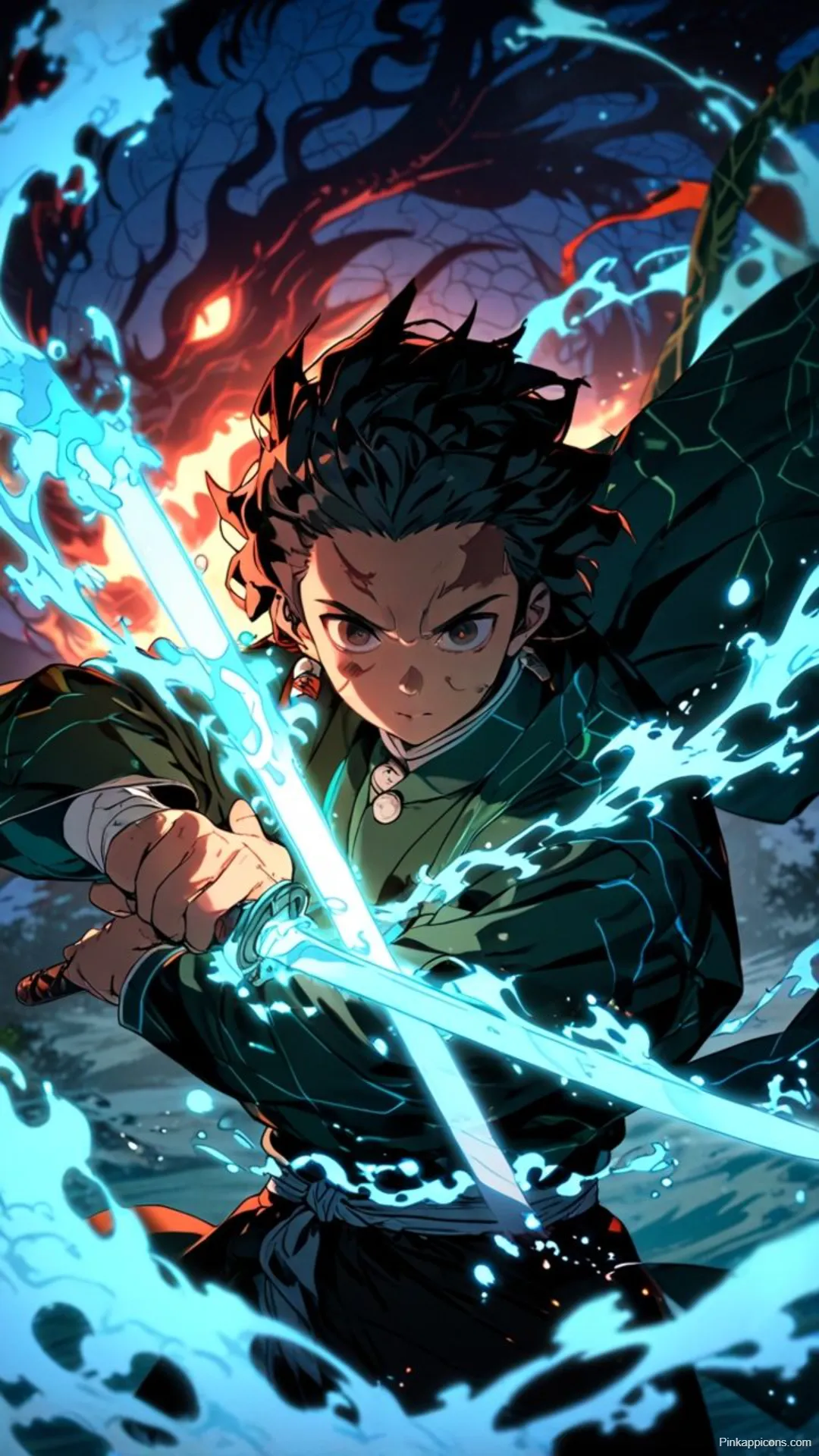 Demon Slayer Wallpaper Tanjiro with Glowing Swords and Shadow Dragon
