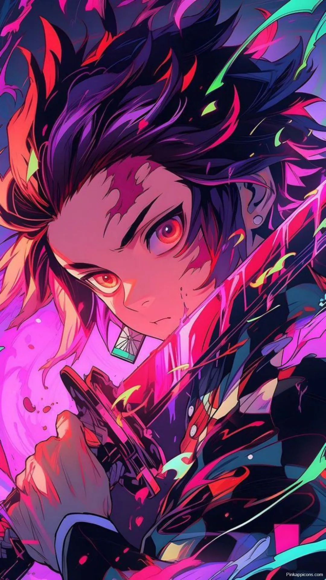 Demon Slayer Wallpaper Tanjiro with Vibrant Neon Art