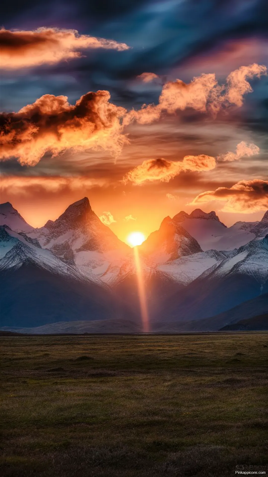 Dramatic Mountain Sunset Wallpapers for Phone Golden Rays Over Snowy Peaks