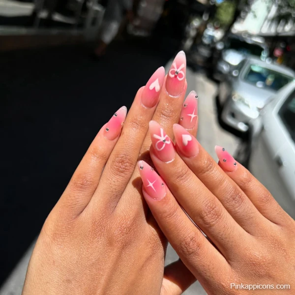 Dreamy Cute Pink Nails with White Clouds, Hearts, and Stars