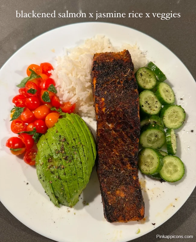 Easy Dinner Idea Delicious Blackened Salmon with Jasmine Rice and Veggies