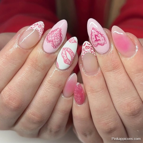 Elegant & Cute Nail Designs Pink Lace, Hearts, and Lips Nail Art Ideas
