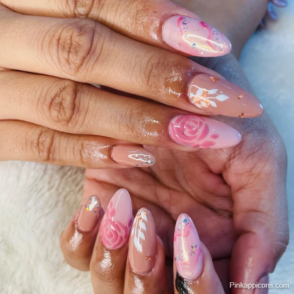 Elegant Cute Pink Nails with White Floral and Marble Accents