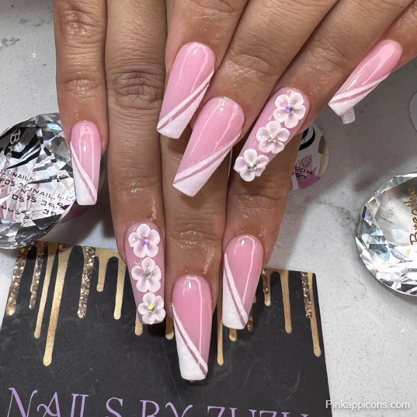 Elegant Cute Pink Nails with White Stripes and 3D Flowers by Zuzu Nails