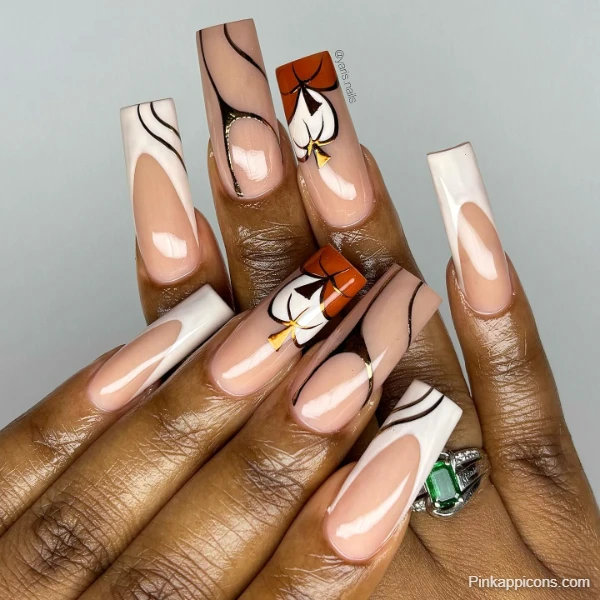 Elegant Fall Nails Abstract Brown and White Design with Leaf Accents