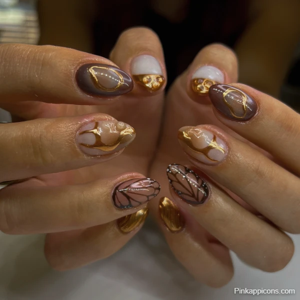 Elegant Fall Nails Abstract Gold and Earth Tone Nail Art