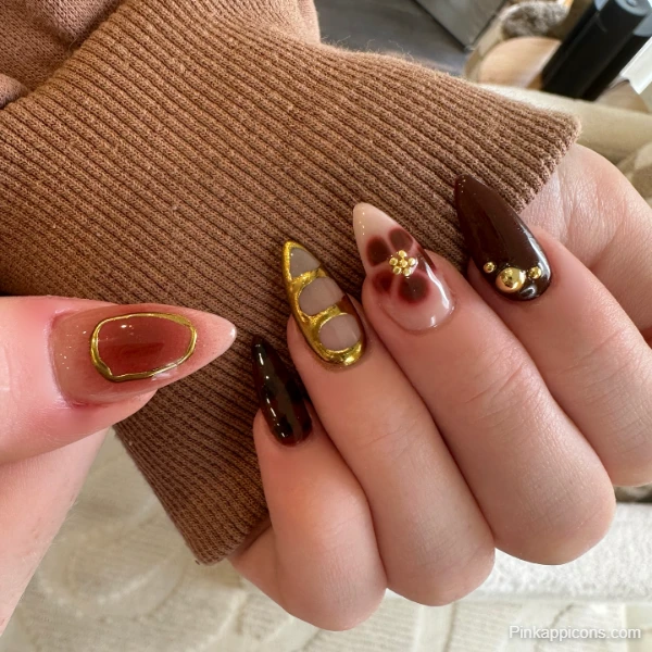 Elegant Fall Nails Brown, Gold, and Nude with 3D Flower Accents