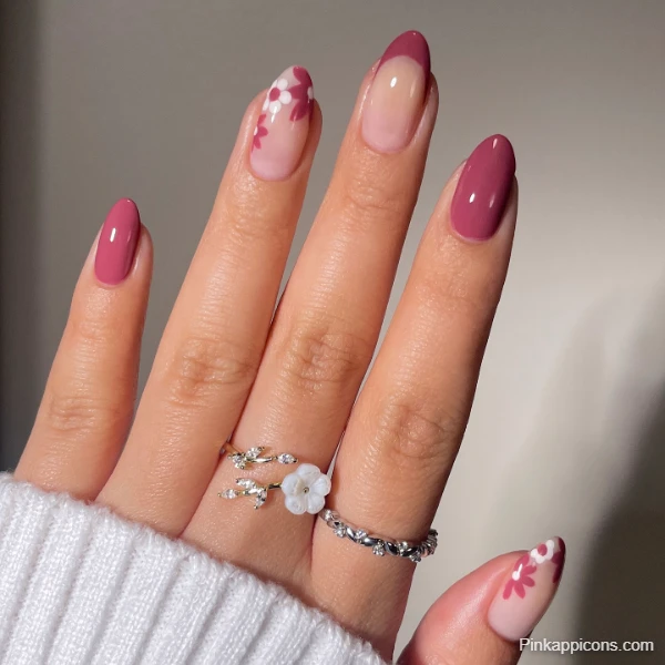 Elegant Fall Nails Burgundy and Nude with Delicate Floral Accents