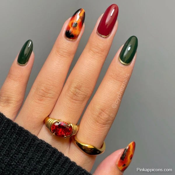Elegant Fall Nails Deep Green, Burgundy, and Tortoiseshell Manicure