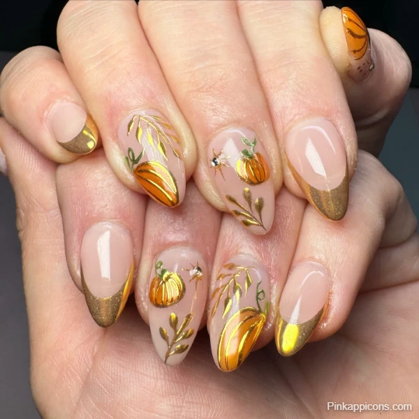 Elegant Fall Nails Gold French Tips with Pumpkin and Leaf Art