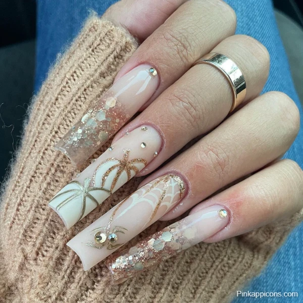 Elegant Fall Nails Long Acrylics with Gold Glitter and Pumpkin Spider Design