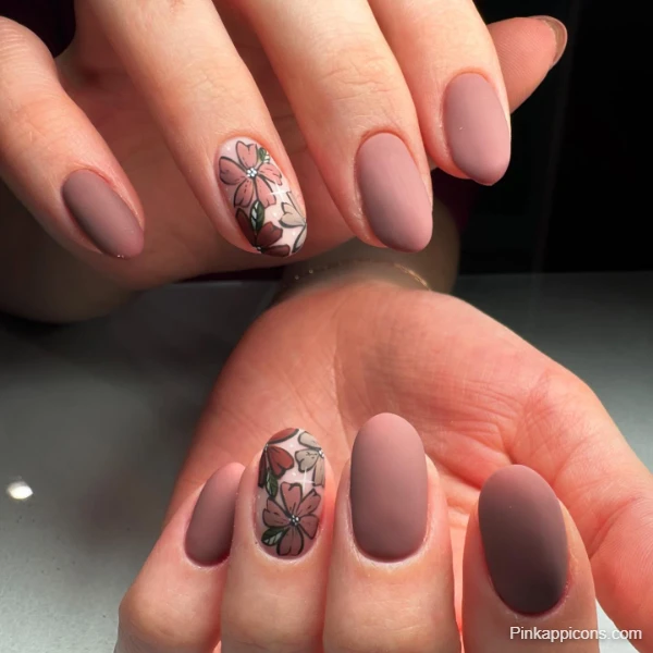 Elegant Fall Nails Matte Mauve with Floral Nail Art