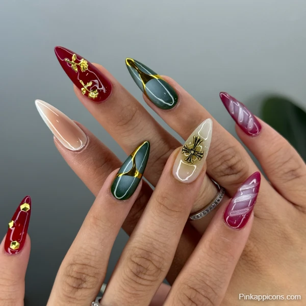 Elegant Fall Nails Mix and Match Jewel Tone and Gold Nail Art