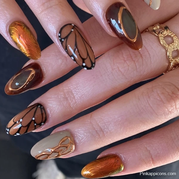 Elegant Fall Nails Monarch Butterfly Inspired Nail Art in Autumn Colors