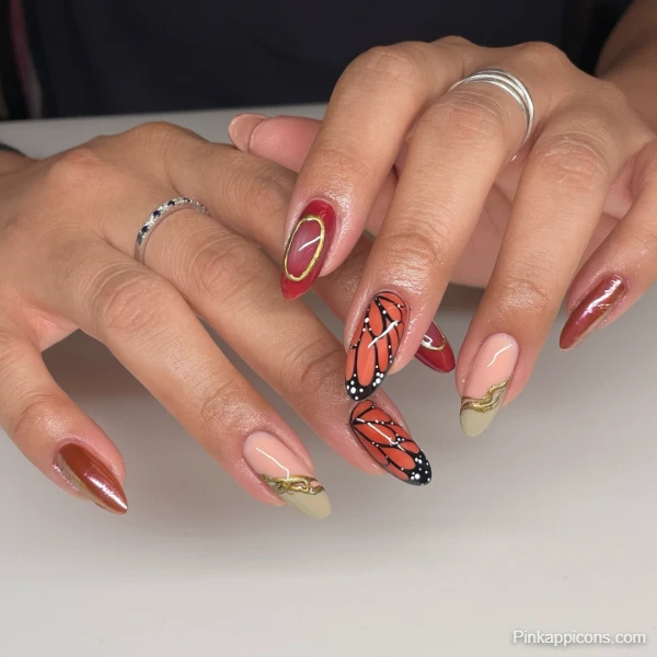 Elegant Fall Nails Monarch Butterfly and Autumn Color Nail Art