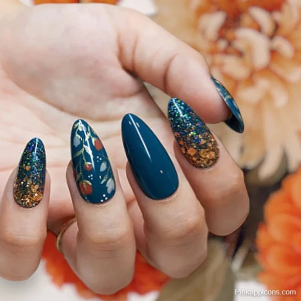 Elegant Fall Nails Teal and Glitter with Autumnal Berry Design