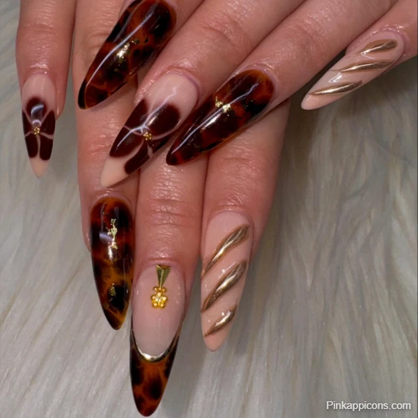 Elegant Fall Nails Tortoiseshell and Gold Swirl Nail Art