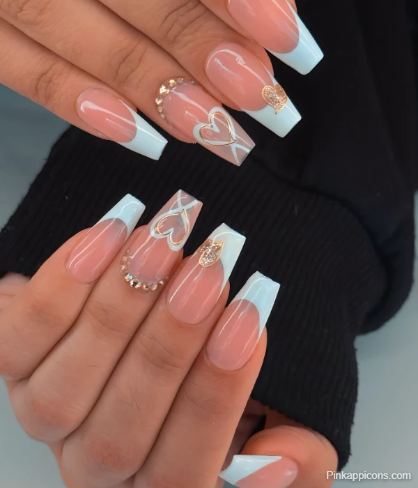 Elegant Light Blue and White French Tip Nails with Gold Hearts and Rhinestones