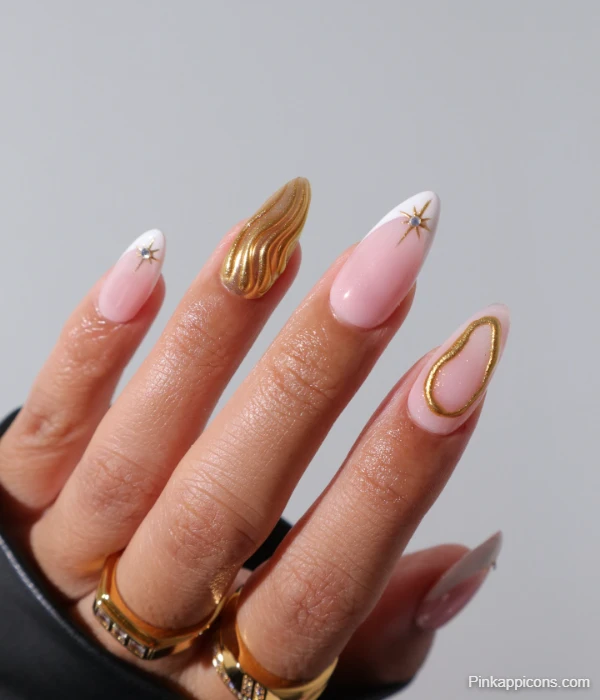 Elegant White French Tip Nails with Gold Chrome Stars and Accents