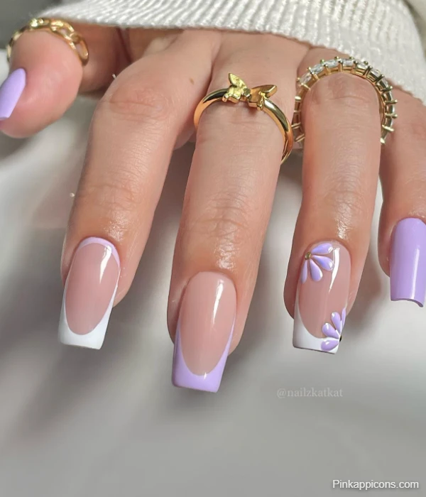 Elegant White French Tip Nails with Lilac and Floral Accents Spring Nail Idea