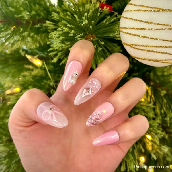 Festive Cute Pink Nails with White Bows, Gems, and Christmas Tree