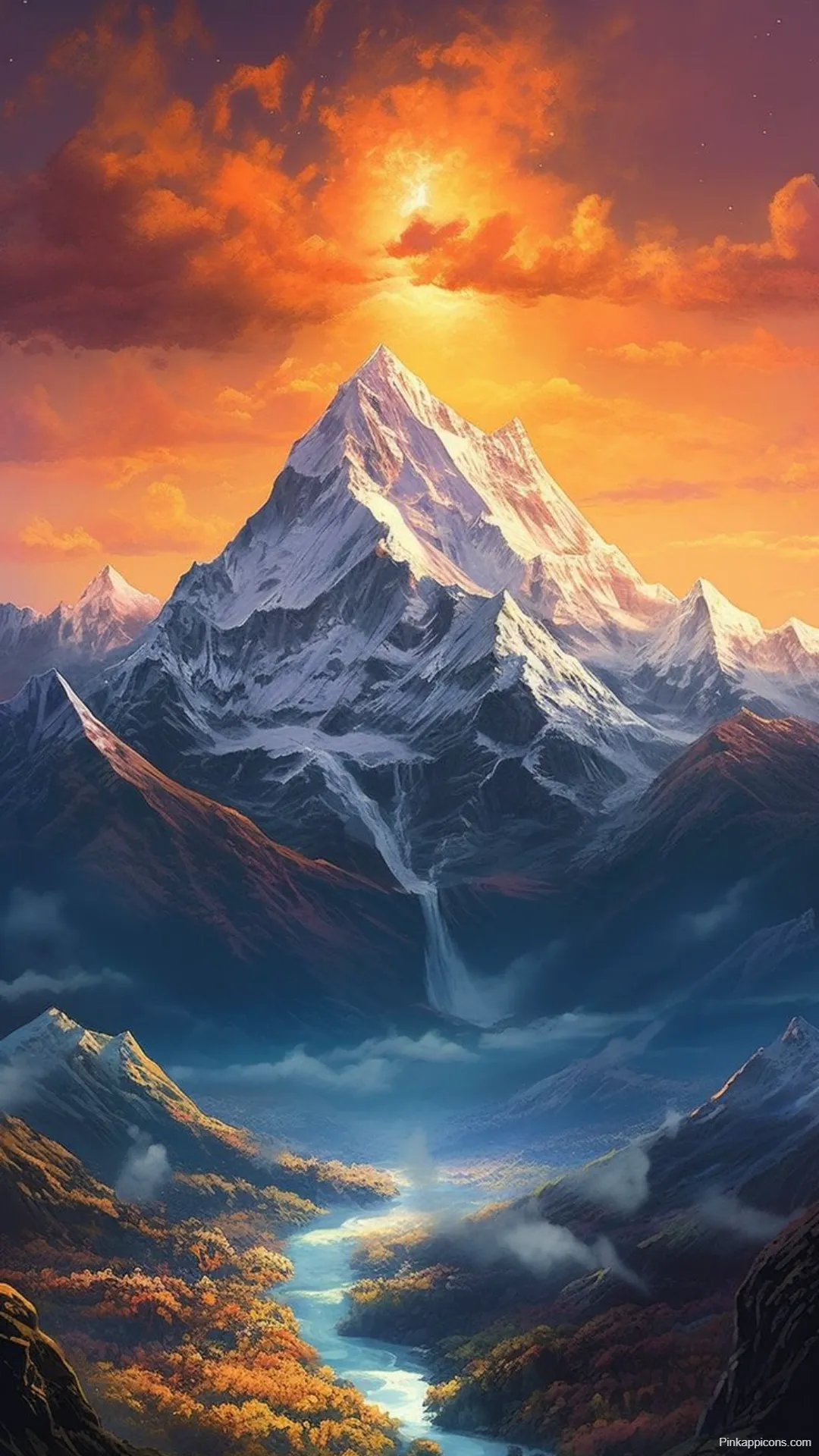 Fiery Sunset Mountain Wallpapers Vibrant Skies Over Snowy Peaks