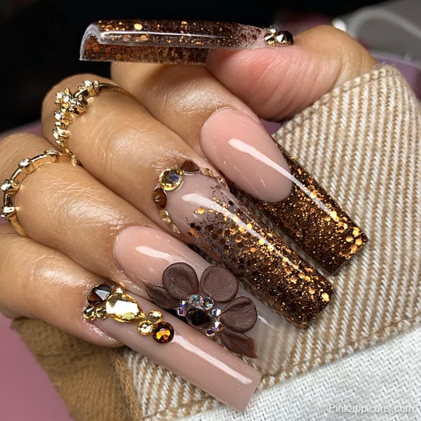 Glamorous Fall Nails Brown Glitter and 3D Flower Coffin Shape Design