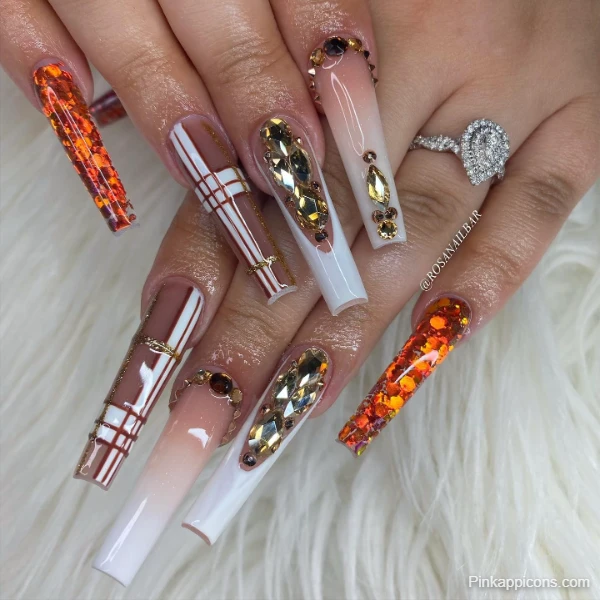 Glamorous Fall Nails Mixed Design with Glitter, Gems, and Plaid