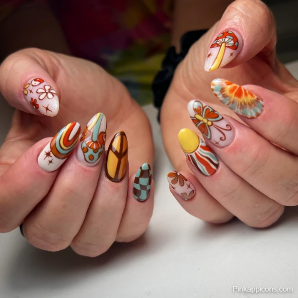 Groovy Fall Nails Retro 70s Inspired Nail Art with Mushrooms and Flowers