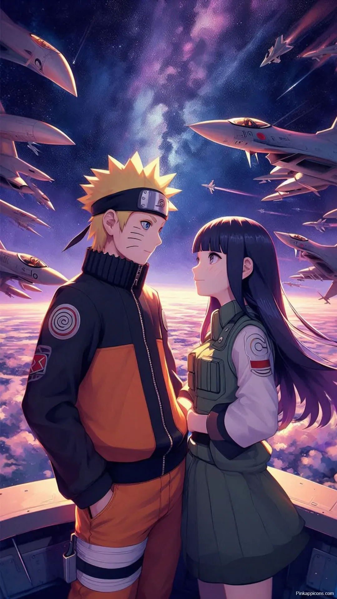 Hinata Naruto Wallpapers Romantic Gaze with Fighter Jets in Sky