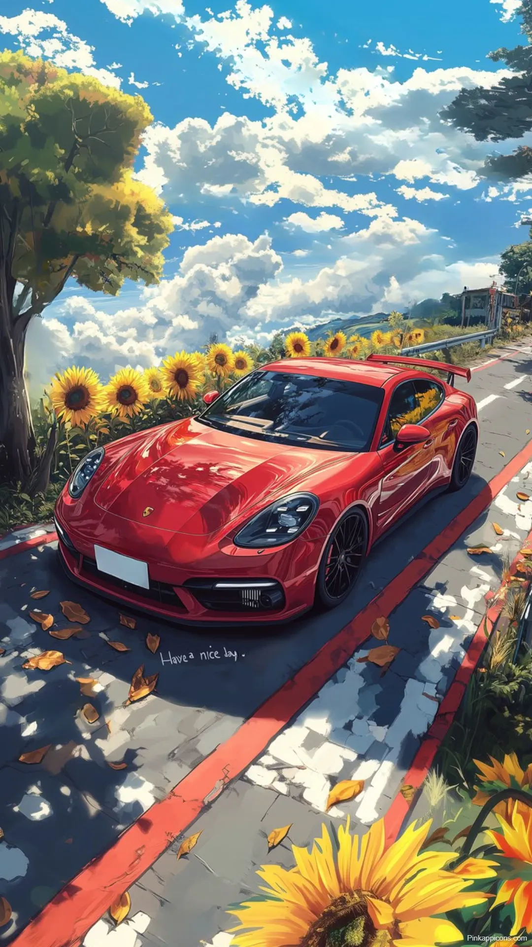 Idyllic Studio Ghibli Car Wallpaper Red Porsche Sunflower Road