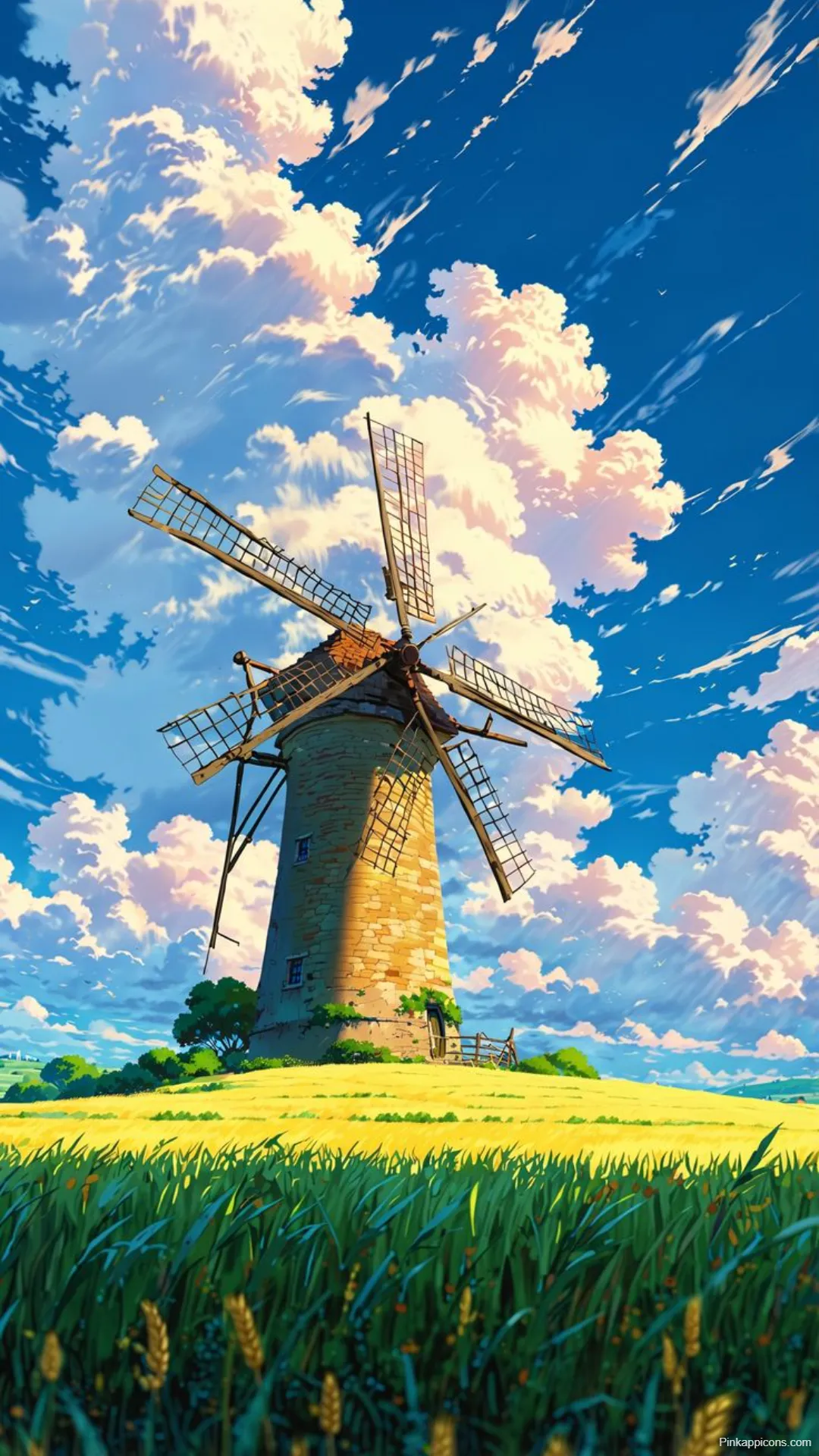 Idyllic Studio Ghibli Windmill Wallpaper Golden Field Sky